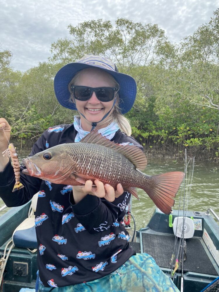 Work mate Britney used a natural prawn colour to fool this jack in clear water conditions. This is a normal pattern with naturals best in the clear, and bright Fluro for the dirty stuff.