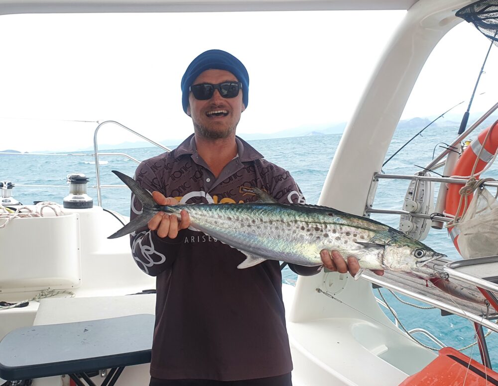 The sailing speed of the yachts is perfect trolling speed for pelagics. We lost a few, but this spotty mackerel wasn’t that lucky and soon became fresh sashimi and mackerel cutlets.