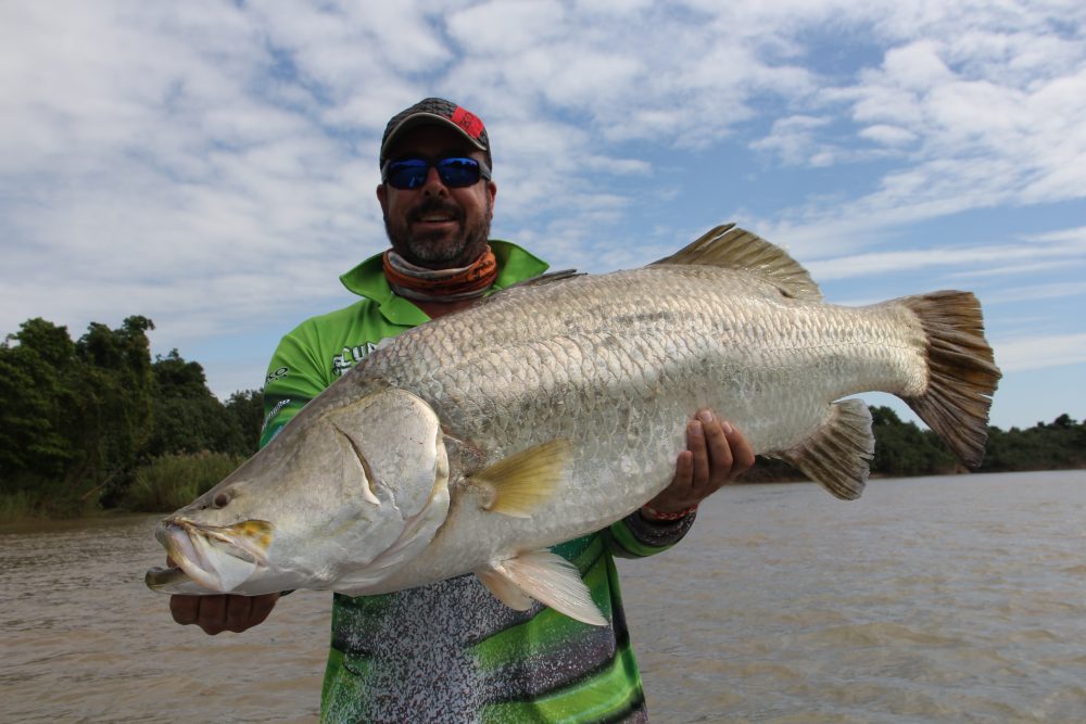 Andrew Maher with a magnificent 109cm barra trolled up near the mouth of Elizabeth creek on a spring tide in April.