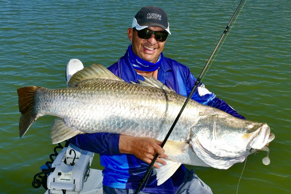 Barra specalist Mick Slade with an impressive 128cm Barra caught in the Fitzroy River.