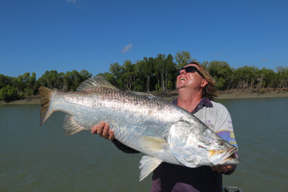 Brado with his magnificent 107cm barra trolled up at the mouth of the Wildman.