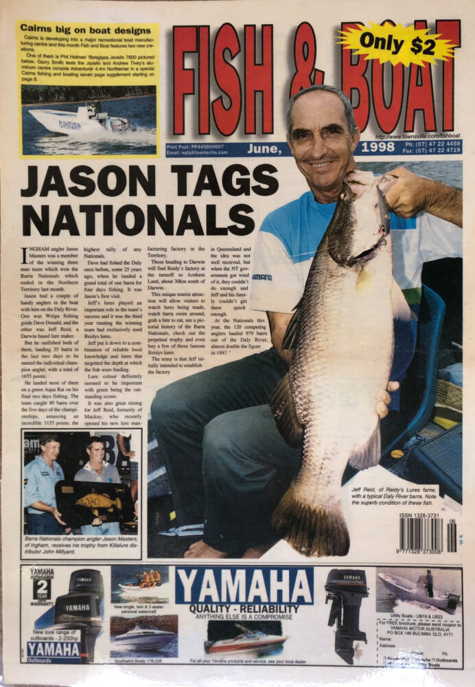 Jeff Reid with one of the barra that won Reidy’s Rats the Barra Nationals crown in 1998. Team mate Jason Masters took out champion angler. The author contributed as third member.