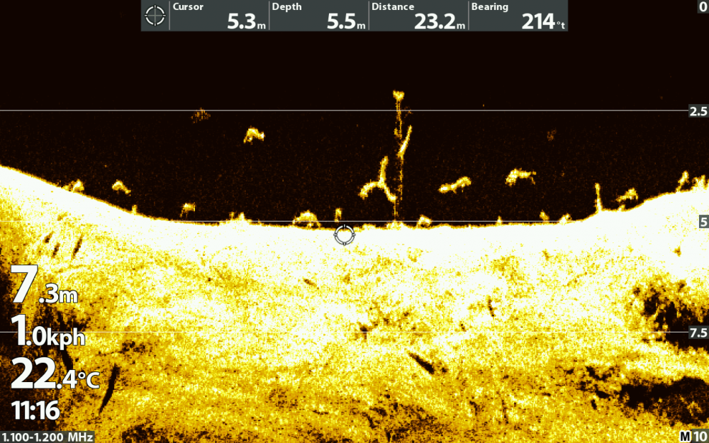 Finding fish rich locations away from pressured areas is a great option for consistent bites. The Humminbird Helix 12 lit up.