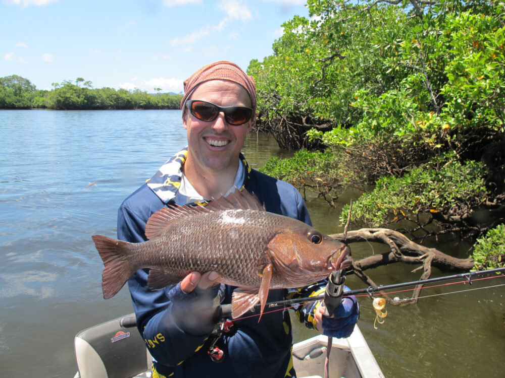 The author with a typical Morseby River mangrove jack caught on an Atomic soft plastic lure.