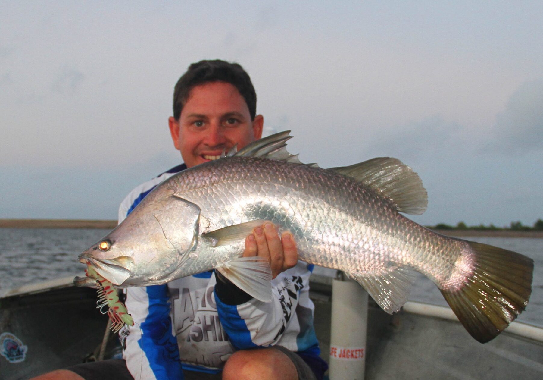 The author with a solid barramundi taken prior to the closed season on the new Tournament GOLD Series Prawnstar