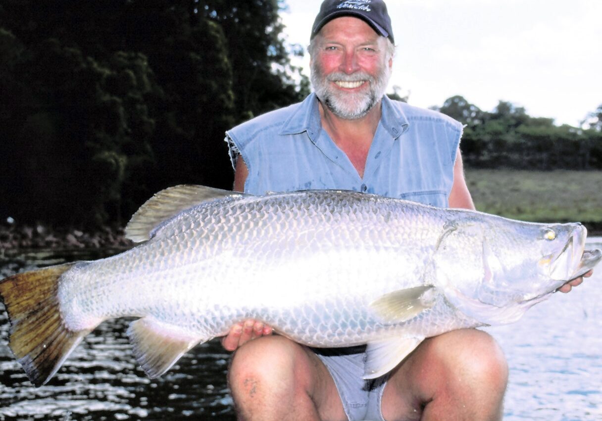 Rex with a big barra which was electro-fished in Tinaroo for the TV cameras