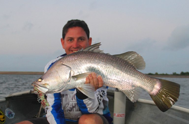 The author with a solid barramundi taken prior to the closed season on the new Tournament GOLD Series Prawnstar