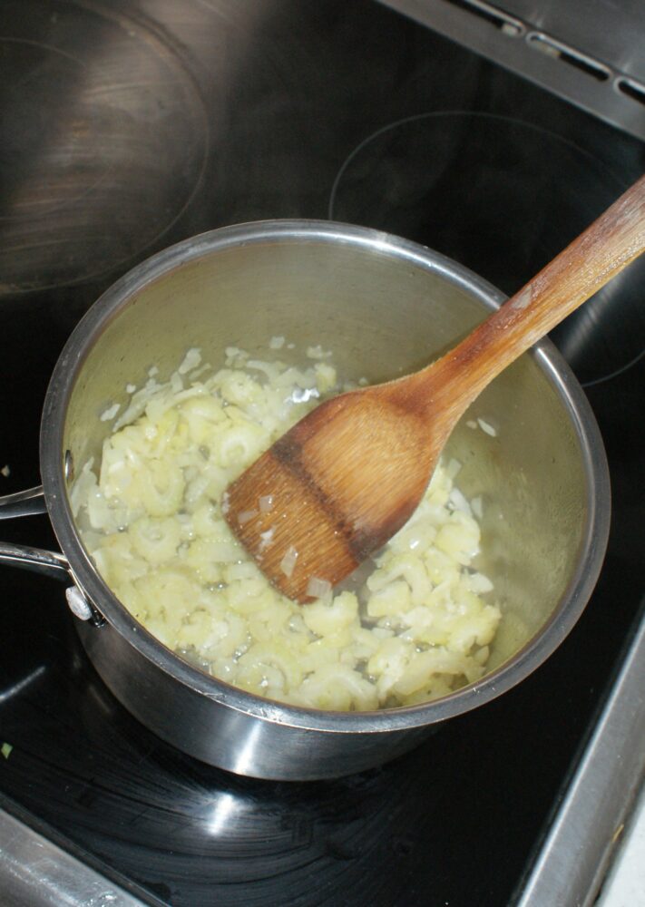 Saute the onion, celery and garlic, don't let it colour!